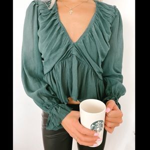 Free People XL Daia Emerald Dark Green Boho Bohemian Top Blouse Textured Cropped